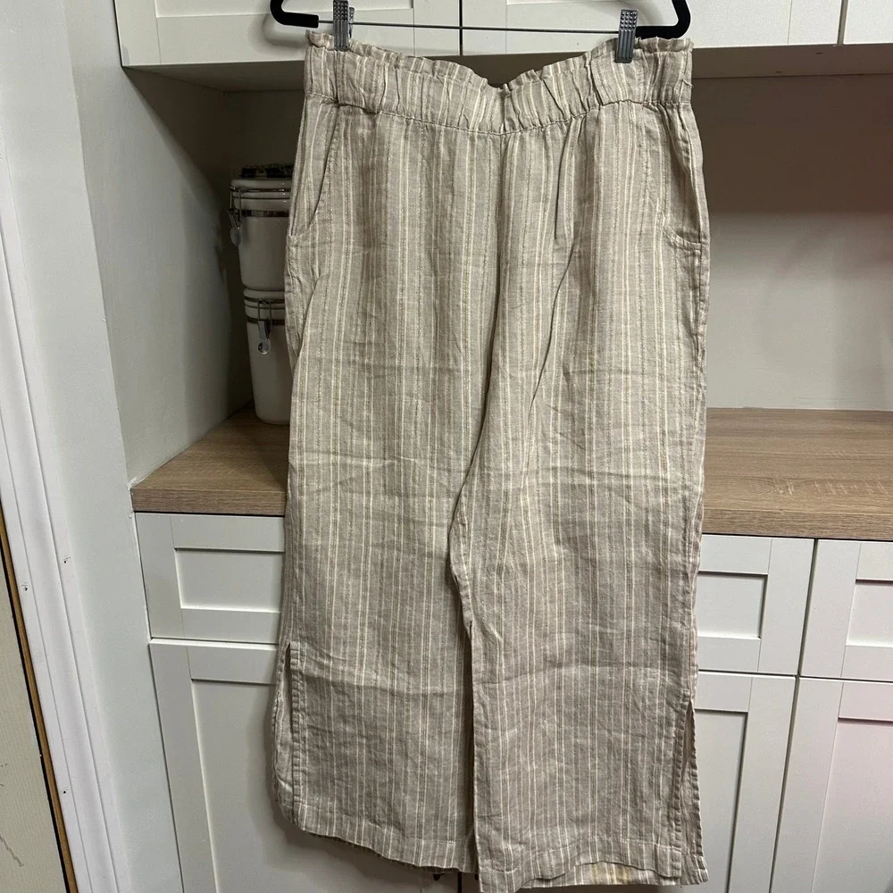 Magaschoni Linen Pants Womens L Pull On Striped Metallic Wide Leg Paperbag Waist - Picture 1 of 15